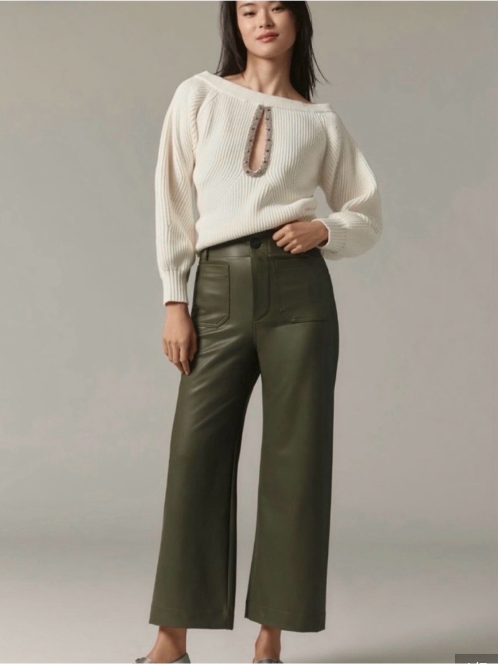 Anthropologie Maeve Colette Olive Wide-Leg Faux Leather Pants